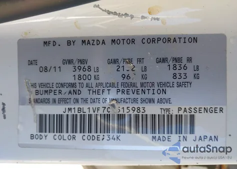 2012 Mazda Mazda3 I Touring z USA, uszkodzony, nr VIN JM1BL1VF7C1515983